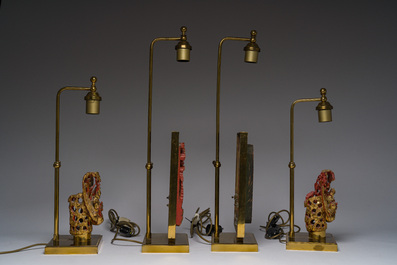 Two pairs of table lamps with South-Chinese reticulated gilt wooden carvings, 20th C.