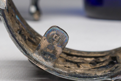 Three Louis XVI blue glass and openworked silver mustard pots, ca. 1800