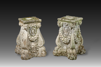 A pair of carved stone pedestals in the Neo-Renaissance style, 19th C.
