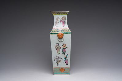A square Chinese famille rose 'warriors' vase, 19th C.