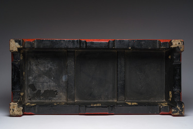 A Chinese five-piece red lacquer throne ensemble with dragons in imperial Qianlong style, 20th C.