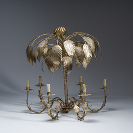 A Hollywood Regency style patinated metal six-light palm tree chandelier, 20th C.