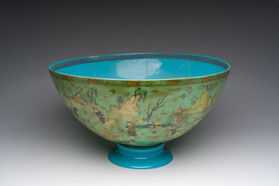 A large turquoise glass bowl painted with battle, hunting and polo scenes, Qajar, Iran, 19th C.