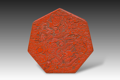 A Chinese five-piece red lacquer throne ensemble with dragons in imperial Qianlong style, 20th C.