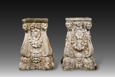 A pair of carved stone pedestals in the Neo-Renaissance style, 19th C.