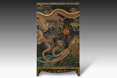 A Chinese five-piece red lacquer throne ensemble with dragons in imperial Qianlong style, 20th C.