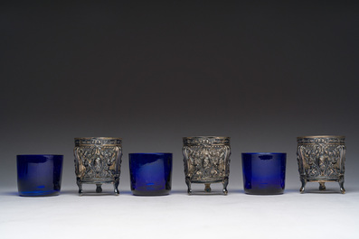 Three Louis XVI blue glass and openworked silver mustard pots, ca. 1800