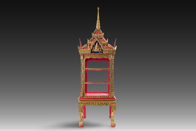 A large Thai glass-inlaid partially gilt wooden house altar, 20th C.