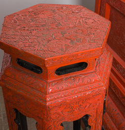 A Chinese five-piece red lacquer throne ensemble with dragons in imperial Qianlong style, 20th C.