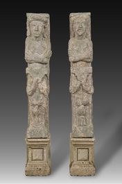 A pair of carved stone mantelpiece pillars in the shape of a man and a woman, probably Flanders, 16th/17th C.