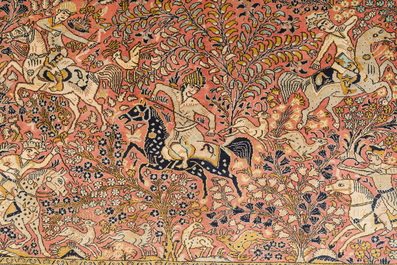 A Persian Qom (Qum/Ghom) silk rug with hunting scenes, 20th C.