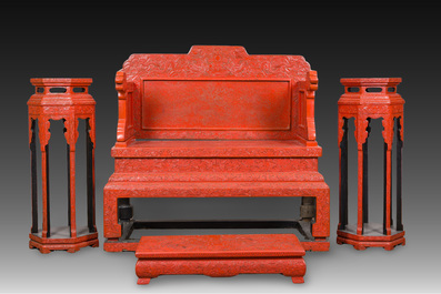 A Chinese five-piece red lacquer throne ensemble with dragons in imperial Qianlong style, 20th C.