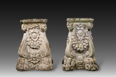A pair of carved stone pedestals in the Neo-Renaissance style, 19th C.