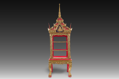 A large Thai glass-inlaid partially gilt wooden house altar, 20th C.