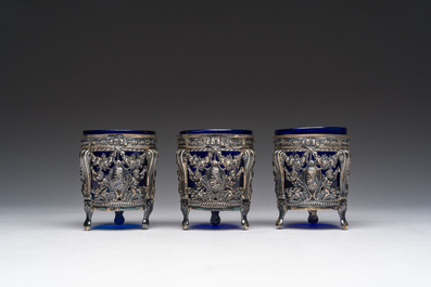 Three Louis XVI blue glass and openworked silver mustard pots, ca. 1800