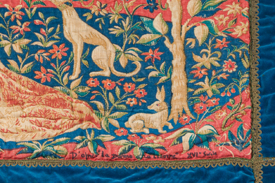 Roga (Rogatienne Pasquier, 1871-1953): Tapestry finished with gold thread based on the series 'The Lady and the Unicorn'