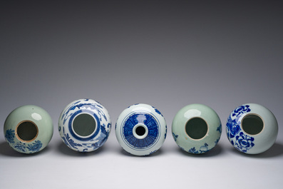 Five Chinese blue and white jars and vases with floral design and figures in a landscape, 19th/20th C.
