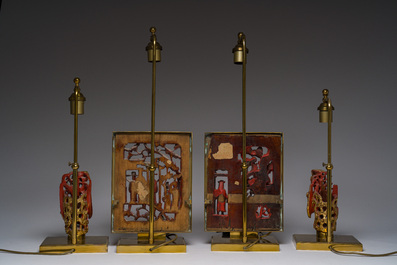 Two pairs of table lamps with South-Chinese reticulated gilt wooden carvings, 20th C.
