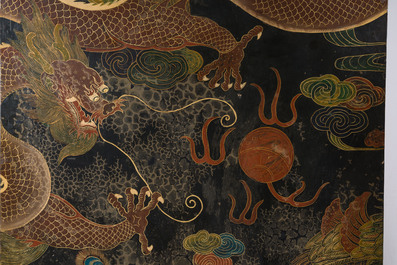 A Chinese five-piece red lacquer throne ensemble with dragons in imperial Qianlong style, 20th C.