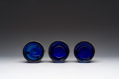 Three Louis XVI blue glass and openworked silver mustard pots, ca. 1800