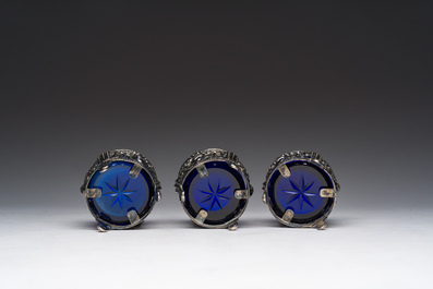 Three Louis XVI blue glass and openworked silver mustard pots, ca. 1800