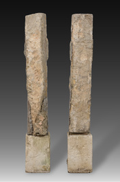 A pair of carved stone mantelpiece pillars in the shape of a man and a woman, probably Flanders, 16th/17th C.