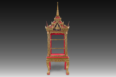 A large Thai glass-inlaid partially gilt wooden house altar, 20th C.