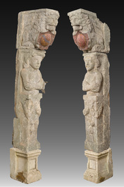 A pair of carved stone mantelpiece pillars in the shape of a man and a woman, probably Flanders, 16th/17th C.