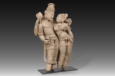 A large and fine Indian sandstone group of a Mithuna couple, probably Madhya Pradesh, Chandela period, 10th/12th C.