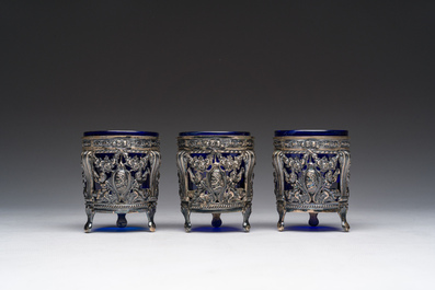 Three Louis XVI blue glass and openworked silver mustard pots, ca. 1800