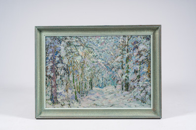 Henri Deglume (1865-1940): Besneeuwd boslandschap, olie op doek
