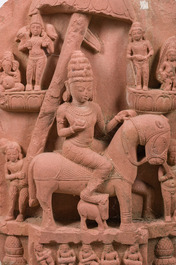 An Indian red sandstone stele depicting the Hindu god Revanta, probably Bundi region, Rajasthan, 11th - 12th C.