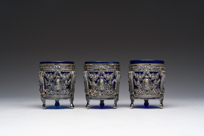 Three Louis XVI blue glass and openworked silver mustard pots, ca. 1800