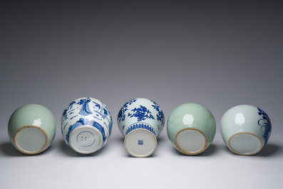 Five Chinese blue and white jars and vases with floral design and figures in a landscape, 19th/20th C.