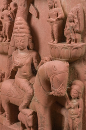 An Indian red sandstone stele depicting the Hindu god Revanta, probably Bundi region, Rajasthan, 11th - 12th C.