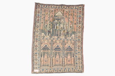 A Caucasian wool Baluch (Balochi) or Shirvan carpet depicting a mosque, dated 1943