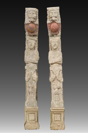 A pair of carved stone mantelpiece pillars in the shape of a man and a woman, probably Flanders, 16th/17th C.