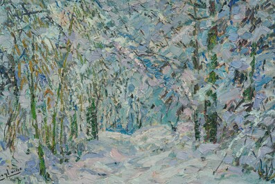 Henri Deglume (1865-1940): Besneeuwd boslandschap, olie op doek