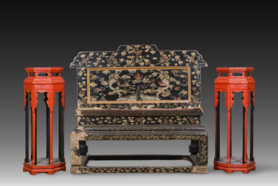 A Chinese five-piece red lacquer throne ensemble with dragons in imperial Qianlong style, 20th C.
