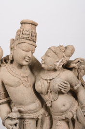 A large and fine Indian sandstone group of a Mithuna couple, probably Madhya Pradesh, Chandela period, 10th/12th C.