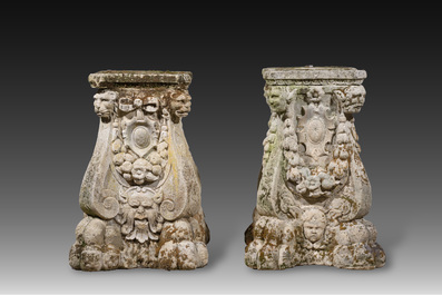 A pair of carved stone pedestals in the Neo-Renaissance style, 19th C.