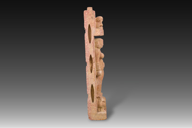 A large Indian red sandstone stupa pillar with a devata shown as a woman and lotus flowers, probably Matura region, ca. 2nd C. b.C - 2nd C.