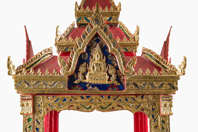A large Thai glass-inlaid partially gilt wooden house altar, 20th C.