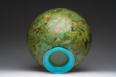 A large turquoise glass bowl painted with battle, hunting and polo scenes, Qajar, Iran, 19th C.