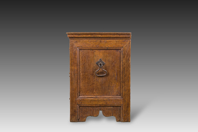 An inscribed German oak chest with two arches, 18th C.