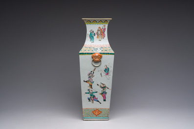 A square Chinese famille rose 'warriors' vase, 19th C.