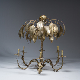 A Hollywood Regency style patinated metal six-light palm tree chandelier, 20th C.