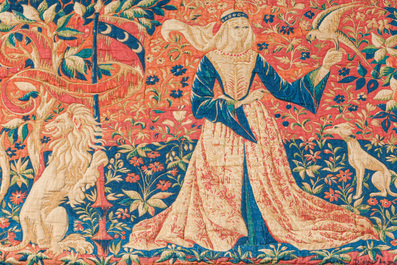 Roga (Rogatienne Pasquier, 1871-1953): Tapestry finished with gold thread based on the series 'The Lady and the Unicorn'