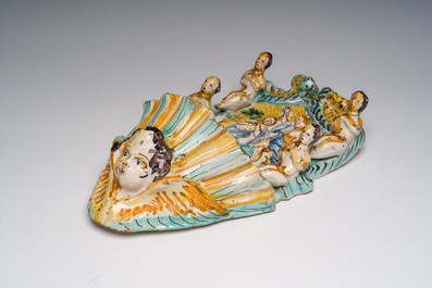 An Italian maiolica holy water font and a Spanish luster-glazed 'Madonna and Child' plaque, 17th/19th C.