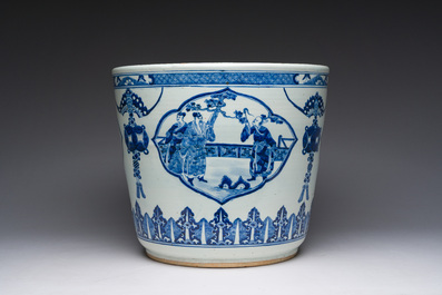 A Chinese blue and white jardini&egrave;re with figurative medallions, 19th C.